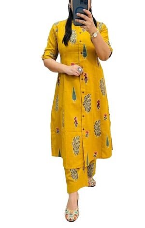 Women’s Mustard Yellow Rayon Printed Kurta Set with Pants | Straight Kurta with Shirt Collar & Button Front | Casual & Office Wear Ethnic Co-ord Set
